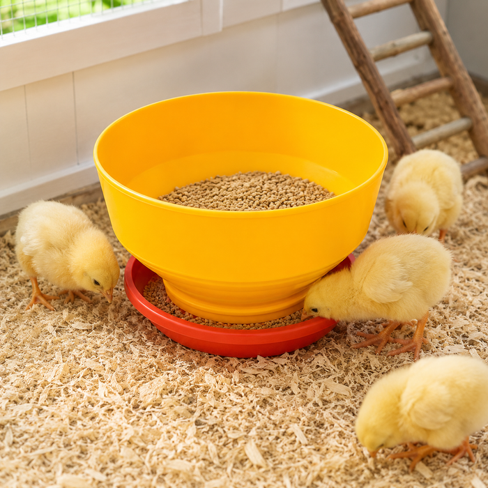 Comedero Tolva para Pollitos Amarillo con Bandeja Roja – Alimentación Avícola