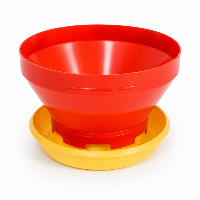 Comedero Tolva para Pollitos y Aves Jóvenes – Rojo con Base Amarilla
