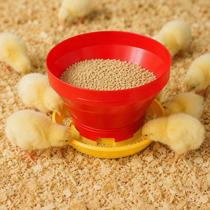 Comedero Tolva para Pollitos y Aves Jóvenes – Rojo con Base Amarilla