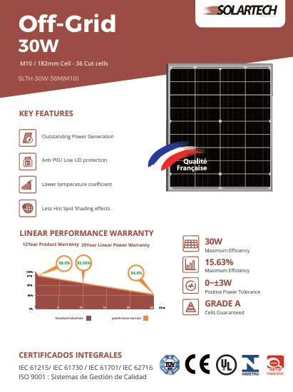 Panel Solar Solartech 30W Monocristalino